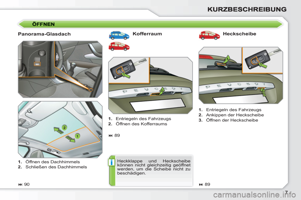 Peugeot 308 SW BL 2010.5  Betriebsanleitung (in German) i
   
Panorama-Glasdach    
Kofferraum   
Heckscheibe 
 
 
 
1. 
  Entriegeln des Fahrzeugs 
   
2. 
  Ankippen der Heckscheibe 
   
3. 
  Öffnen der Heckscheibe  
   
 
� 
 90  
     
 
1. 
  Öffn