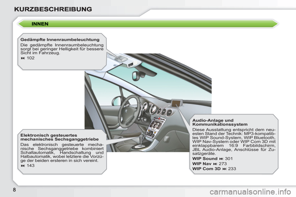 Peugeot 308 SW BL 2010.5  Betriebsanleitung (in German)    
Gedämpfte Innenraumbeleuchtung 
  Die gedämpfte Innenraumbeleuchtung 
sorgt bei geringer Helligkeit für bessere 
Sicht im Fahrzeug. 
   
 
� 
 102  
 
   
Elektronisch gesteuertes 
mechanische