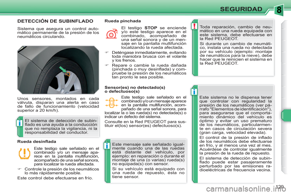 Peugeot 308 SW BL 2010.5  Manual del propietario (in Spanish) !
i
i
i
129
SEGURIDAD
DETECCIÓN DE SUBINFLADO
  Sistema que asegura un control auto-
mático permanente de la presión de los 
neumáticos circulando.   Toda reparación, cambio de neu-
mático en un