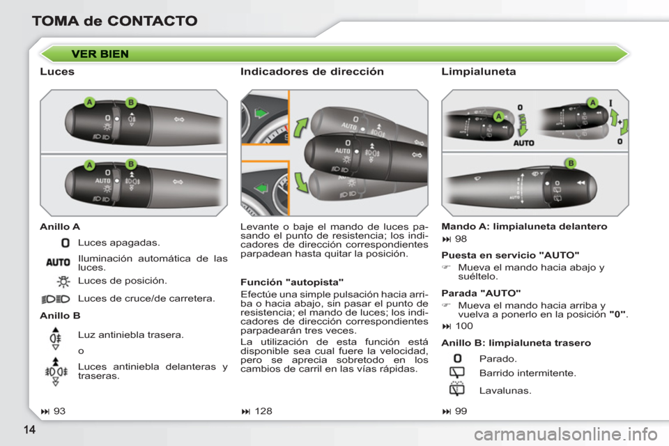 Peugeot 308 SW BL 2010.5  Manual del propietario (in Spanish)    
Luces 
 
 
Anillo A 
   
Anillo B   Levante o baje el mando de luces pa-
sando el punto de resistencia; los indi-
cadores de dirección correspondientes 
parpadean hasta quitar la posición. 
   
