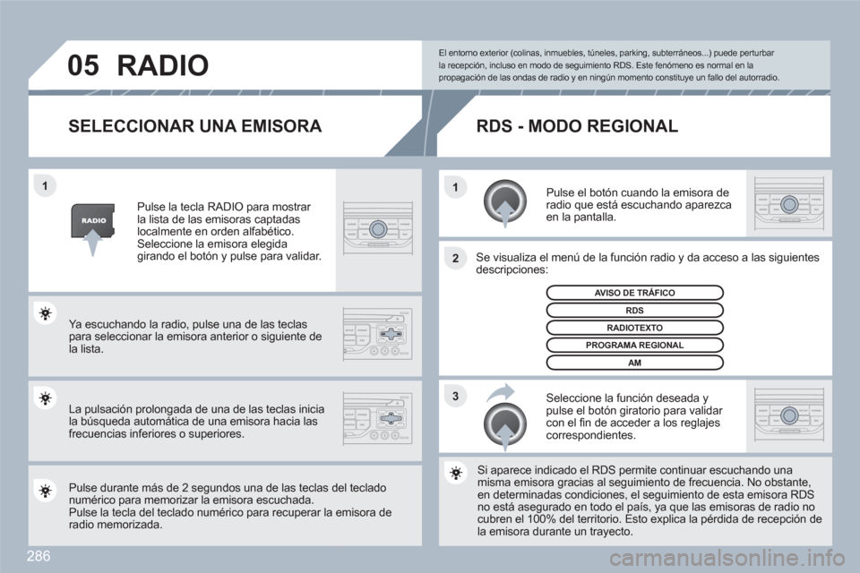 Peugeot 308 SW BL 2010.5 Manual del propietario (in Spanish) 286
3 2 1 1
05
SELECCIONAR UNA EMISORA
Pulse el botón cuando la emisora de radio que está escuchando aparezca en la pantalla.
Se visualiza el menú de la función radio y da acceso aa las Peugeot 308 SW BL 2010.5 Manual del propietario (in Spanish) 286
3 2 1 1
05
SELECCIONAR UNA EMISORA
Pulse el botón cuando la emisora de radio que está escuchando aparezca en la pantalla.
Se visualiza el menú de la función radio y da acceso aa las