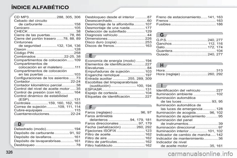 Peugeot 308 SW BL 2010.5  Manual del propietario (in Spanish) G.P.S. .....................................240,277Ganchos .................................112,116Gato........................................172,174Guantera.........................................1
