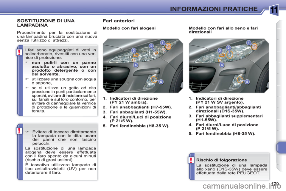 Peugeot 308 SW BL 2010.5 Manuale del proprietario (in Italian) 1
!
!
!
179
INFORMAZIONI PRATICHE
Rischio di folgorazione
La sostituzione di una lampada
allo xeno (D1S-35W) deve essere
effettuata dalla rete PEUGEOT.
SOSTITUZIONE DI UNA LAMPADINA
Pro Peugeot 308 SW BL 2010.5 Manuale del proprietario (in Italian) 1
!
!
!
179
INFORMAZIONI PRATICHE
Rischio di folgorazione
La sostituzione di una lampada
allo xeno (D1S-35W) deve essere
effettuata dalla rete PEUGEOT.
SOSTITUZIONE DI UNA LAMPADINA
Pro