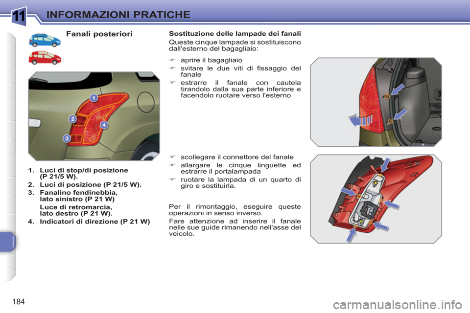 Peugeot 308 SW BL 2010.5  Manuale del proprietario (in Italian) 1
184
INFORMAZIONI PRATICHE
   
 
 
 
 
 
 
 
 
 
 
 
 
 
 
 
 
 
 
 
 
 
 
 
 
 
 
 
 
 
Fanali posteriori 
 
 
 
1. 
  Luci di stop/di posizione 
(P 21/5 W). 
 
   
2. 
  Luci di posizione (P 21/5 W