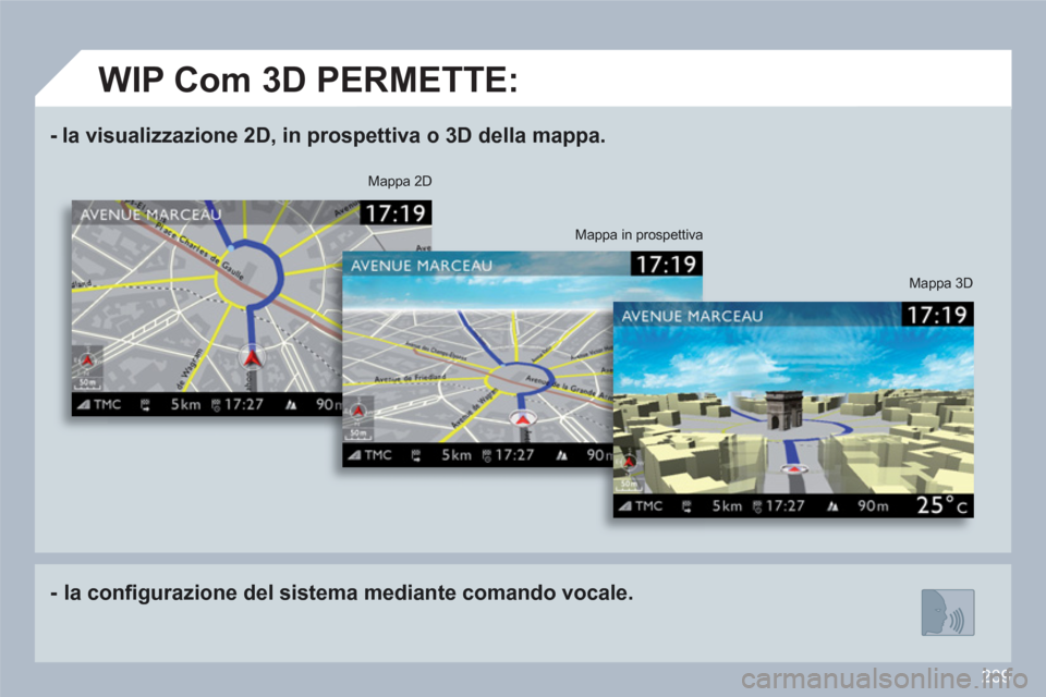 Peugeot 308 SW BL 2010.5  Manuale del proprietario (in Italian) 239
-  la visualizzazione  2D , in prospettiva o 3D della mappa.  
-  la conﬁ gurazione del sistema mediante comando vocale.  
 
 
 
Mappa 3D
Mappa 2D  
 
 
Mappa in prospettiva  
 
 
 
 
WIP Com 3D