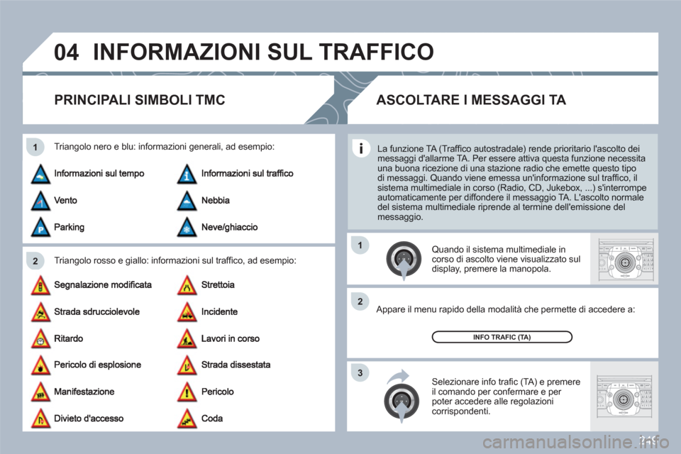 Peugeot 308 SW BL 2010.5 Manuale del proprietario (in Italian) 249
04
2 1
3 2 1
2ABC3DEF5JKL4GHI6MNO8TUV7PQRS9WXYZ0*#
1RADIOMEDIANAVESCTRAFFICSETUPADDRBOOK
2ABC3DEF5JKL4GHI6MNO8TUV7PQRS9WXYZ0*#
1RADIOMEDIANAVESCTRAFFICSETUPADDRBOOK
INFORMAZIONI SUL TRAFFICO
PRIN Peugeot 308 SW BL 2010.5 Manuale del proprietario (in Italian) 249
04
2 1
3 2 1
2ABC3DEF5JKL4GHI6MNO8TUV7PQRS9WXYZ0*#
1RADIOMEDIANAVESCTRAFFICSETUPADDRBOOK
2ABC3DEF5JKL4GHI6MNO8TUV7PQRS9WXYZ0*#
1RADIOMEDIANAVESCTRAFFICSETUPADDRBOOK
INFORMAZIONI SUL TRAFFICO
PRIN
