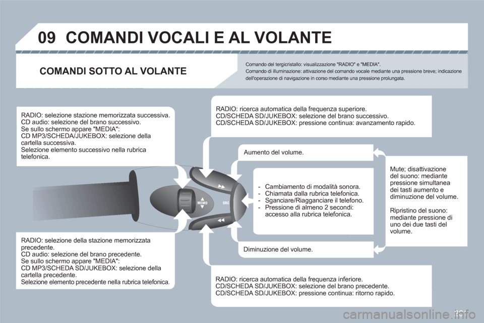 Peugeot 308 SW BL 2010.5 Manuale del proprietario (in Italian) 261
09 COMANDI VOCALI E AL VOLANTE
RADIO: selezione della stazione memorizzata precedente.
CD audio: selezione del brano precedente. Se sullo schermo appare "MEDIA": CD MP3/SCHEDA SD/JUKEBOX: Peugeot 308 SW BL 2010.5 Manuale del proprietario (in Italian) 261
09 COMANDI VOCALI E AL VOLANTE
RADIO: selezione della stazione memorizzata precedente.
CD audio: selezione del brano precedente. Se sullo schermo appare "MEDIA": CD MP3/SCHEDA SD/JUKEBOX: