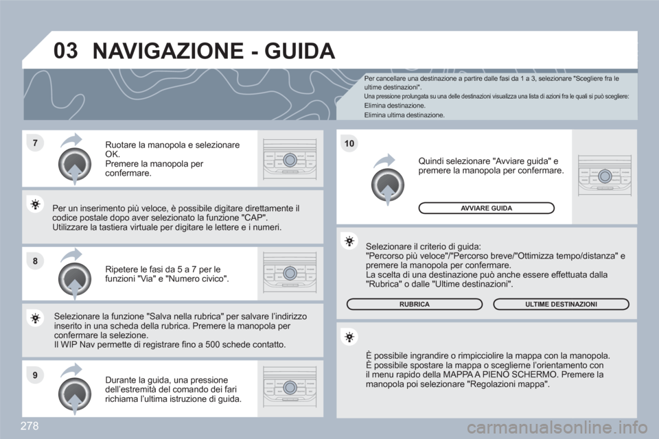 Peugeot 308 SW BL 2010.5 Manuale del proprietario (in Italian) 278
7
8
9
10
03
Per cancellare una destinazione a partire dalle fasi da 1 a 3, selezionare "Scegliere fra le ultime destinazioni".
Una pressione prolungata su una delle destinazioni visualizza una Peugeot 308 SW BL 2010.5 Manuale del proprietario (in Italian) 278
7
8
9
10
03
Per cancellare una destinazione a partire dalle fasi da 1 a 3, selezionare "Scegliere fra le ultime destinazioni".
Una pressione prolungata su una delle destinazioni visualizza una
