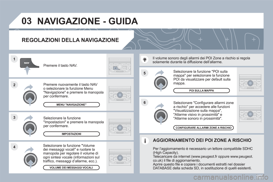 Peugeot 308 SW BL 2010.5 Manuale del proprietario (in Italian) 283
5
6
3 2 1
4
03
REGOLAZIONI DELLA NAVIGAZIONE
Selezionare "Confi gurare allarmi zonea rischio" per accedere alle funzioni"Visualizzazione sulla mappa", "Allarme visivo in prossimit‡" e " Peugeot 308 SW BL 2010.5 Manuale del proprietario (in Italian) 283
5
6
3 2 1
4
03
REGOLAZIONI DELLA NAVIGAZIONE
Selezionare "Confi gurare allarmi zonea rischio" per accedere alle funzioni"Visualizzazione sulla mappa", "Allarme visivo in prossimit‡" e "