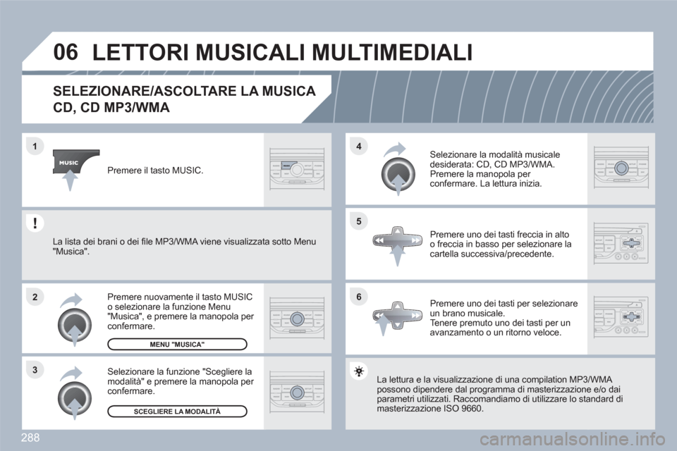 Peugeot 308 SW BL 2010.5 Manuale del proprietario (in Italian) 288
06
6 4
5
3 2 1
SELEZIONARE/ASCOLTARE LA MUSICA
CD, CD MP3/WMA
La lettura e la visualizzazione di una compilation MP33/WMA possono dipendere dal programma di masterizzazionee e/o daiparametri u Peugeot 308 SW BL 2010.5 Manuale del proprietario (in Italian) 288
06
6 4
5
3 2 1
SELEZIONARE/ASCOLTARE LA MUSICA
CD, CD MP3/WMA
La lettura e la visualizzazione di una compilation MP33/WMA possono dipendere dal programma di masterizzazionee e/o daiparametri u