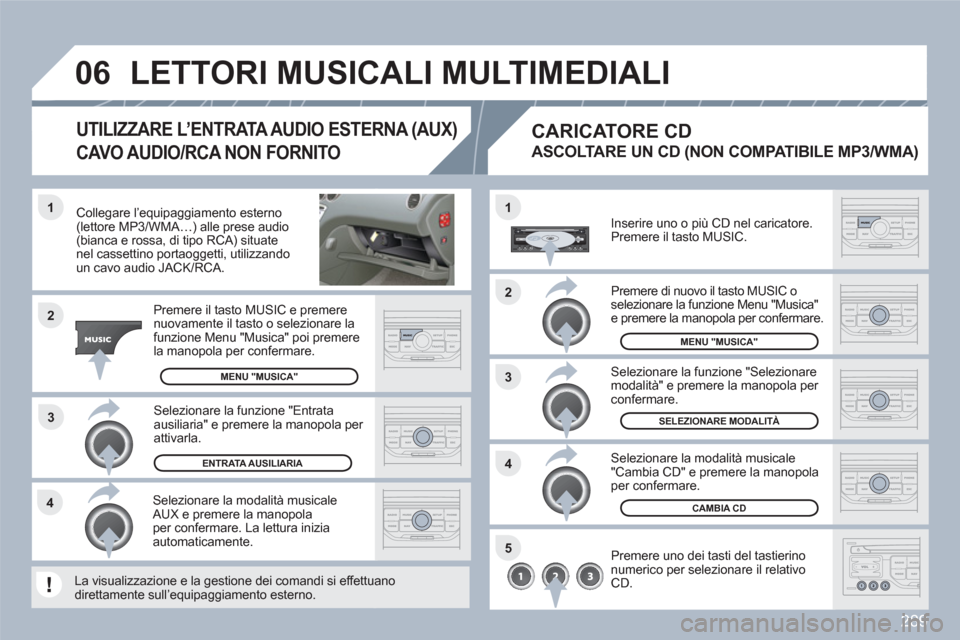 Peugeot 308 SW BL 2010.5 Manuale del proprietario (in Italian) 289
3 1
2
06
1
4
2
3
5
4
Collegare l’equipaggiamento esterno (lettore MP3/WMA…) alle prese audio(bianca e rossa, di tipo RCA) situatenel cassettino portaoggetti, utilizzando un cavo audio JACK Peugeot 308 SW BL 2010.5 Manuale del proprietario (in Italian) 289
3 1
2
06
1
4
2
3
5
4
Collegare l’equipaggiamento esterno (lettore MP3/WMA…) alle prese audio(bianca e rossa, di tipo RCA) situatenel cassettino portaoggetti, utilizzando un cavo audio JACK