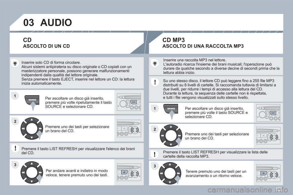 Peugeot 308 SW BL 2010.5 Manuale del proprietario (in Italian) 305
03
11
11
22
3333
22
AUDIO
Inserire solo CD di forma circolare. Alcuni sistemi antipirateria su disco originale o CD copiati con un masterizzatore personale, possono generare malfunzionamenti ind Peugeot 308 SW BL 2010.5 Manuale del proprietario (in Italian) 305
03
11
11
22
3333
22
AUDIO
Inserire solo CD di forma circolare. Alcuni sistemi antipirateria su disco originale o CD copiati con un masterizzatore personale, possono generare malfunzionamenti ind