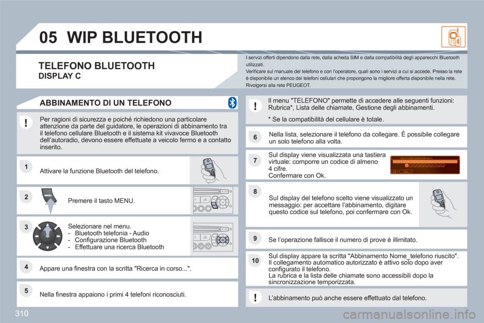Peugeot 308 SW BL 2010.5 Manuale del proprietario (in Italian) 310
11
66
22
77
44
99
55
101
33
88
Saisir code authentification
01
OK Del23456789 _
05WIP BLUETOOTH
Per ragioni di sicurezza e poiché richiedono una particolare attenzione da parte del guidatore Peugeot 308 SW BL 2010.5 Manuale del proprietario (in Italian) 310
11
66
22
77
44
99
55
101
33
88
Saisir code authentification
01
OK Del23456789 _
05WIP BLUETOOTH
Per ragioni di sicurezza e poiché richiedono una particolare attenzione da parte del guidatore