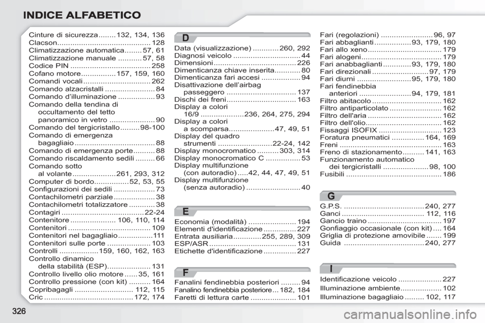 Peugeot 308 SW BL 2010.5 Manuale del proprietario (in Italian) G.P.S. .....................................240,277Ganci......................................112,116Gancio traino..................................197Gonfiaggio occasionale (con kit)....164Griglia di Peugeot 308 SW BL 2010.5 Manuale del proprietario (in Italian) G.P.S. .....................................240,277Ganci......................................112,116Gancio traino..................................197Gonfiaggio occasionale (con kit)....164Griglia di