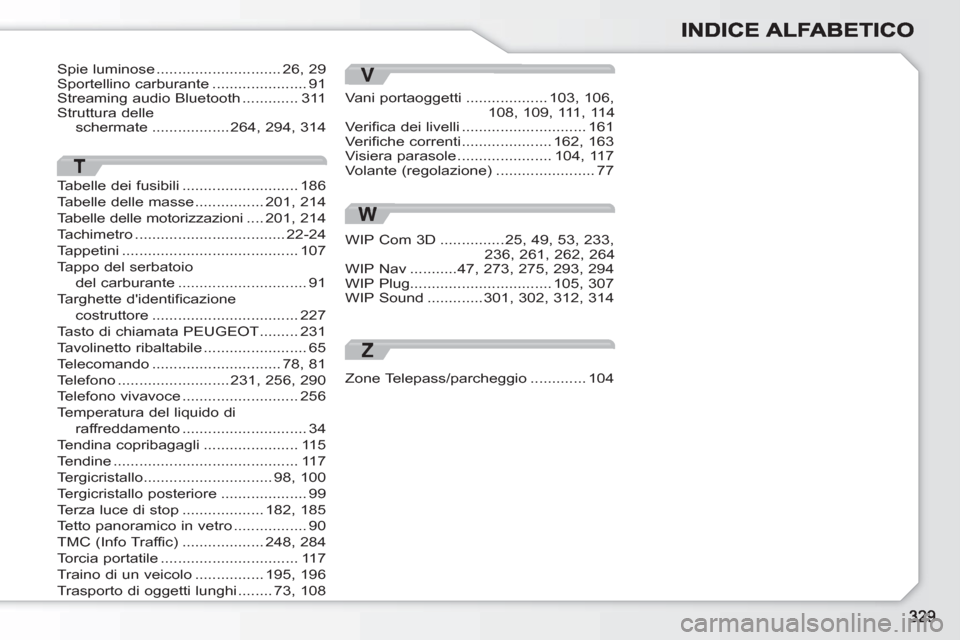 Peugeot 308 SW BL 2010.5 Manuale del proprietario (in Italian) T
Tabelle dei fusibili...........................186
Tabelle delle masse................201,214
Tabelle delle motorizzazioni ....201,214
Tachimetro...................................22-24
Tappetini... Peugeot 308 SW BL 2010.5 Manuale del proprietario (in Italian) T
Tabelle dei fusibili...........................186
Tabelle delle masse................201,214
Tabelle delle motorizzazioni ....201,214
Tachimetro...................................22-24
Tappetini...