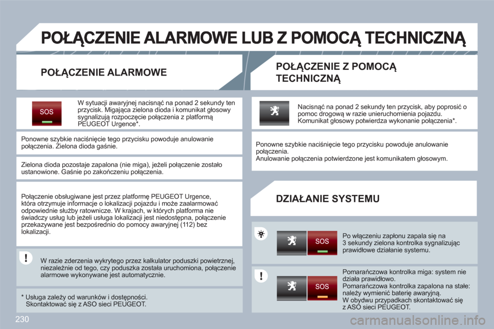 Peugeot 308 SW BL 2010.5  Instrukcja Obsługi (in Polish) 230
   
POŁĄCZENIE ALARMOWEPOŁĄCZENIE Z POMOCĄ
TECHNICZNĄ 
DZIAŁANIE SYSTEMU 
W sytuacji awaryjnej nacisnąć na ponad 2 sekundy tenprzycisk. Migająca zielona dioda i komunikat głosowysygnali