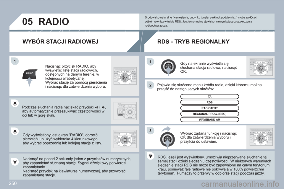 Peugeot 308 SW BL 2010.5  Instrukcja Obsługi (in Polish) 250
RADIO
11
2
3
05
2ABC3DEF5JKL4GHI6MNO8TUV7PQRS9WXYZ0*#
1RADIOMEDIANAVESCTRAFFICSETUPADDRBOOK
RADIOMEDIANAVESCTRAFFICADDRBOOK
2ABC3DEF5JKL4GHI6MNO8TUV7PQRS9WXYZ0*#
1RADIOMEDIANAVESCTRAFFICSETUPADDRB