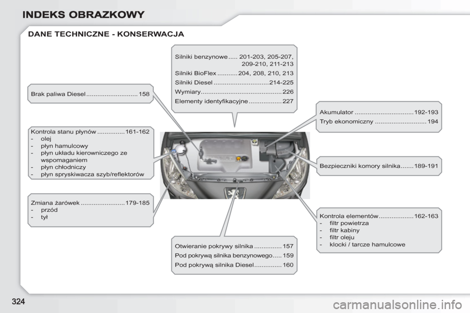 Peugeot 308 SW BL 2010.5  Instrukcja Obsługi (in Polish)   DANE TECHNICZNE - KONSERWACJA 
 
Brak paliwa Diesel ............................ 158 
  Kontrola stanu płynów ...............161-162 
   
 
-  olej 
   
-  płyn hamulcowy 
   
-  płyn układu ki