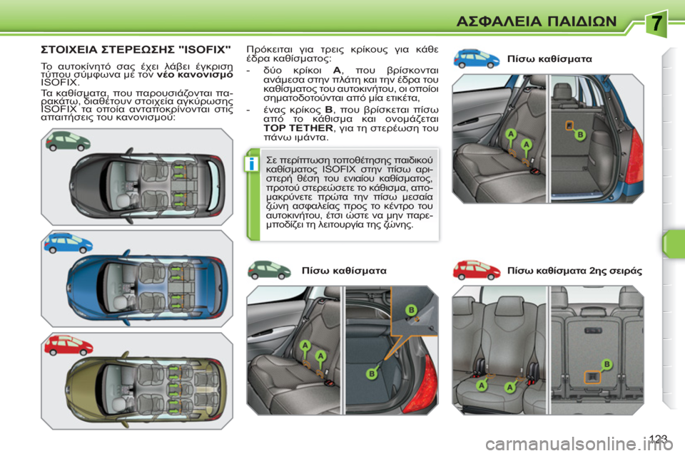 Peugeot 308 SW BL 2010.5  Εγχειρίδιο χρήσης (in Greek) i
123
ΑΣΦΑΛΕΙΑ ΠΑΙΔΙΩΝ
ΣΤΟΙΧΕΙΑ ΣΤΕΡΕΩΣΗΣ "ISOFIX" 
 
Το αυτοκίνητό σας έχει λάβει έγκριση 
τύπου σύμφωνα με τον  νέο