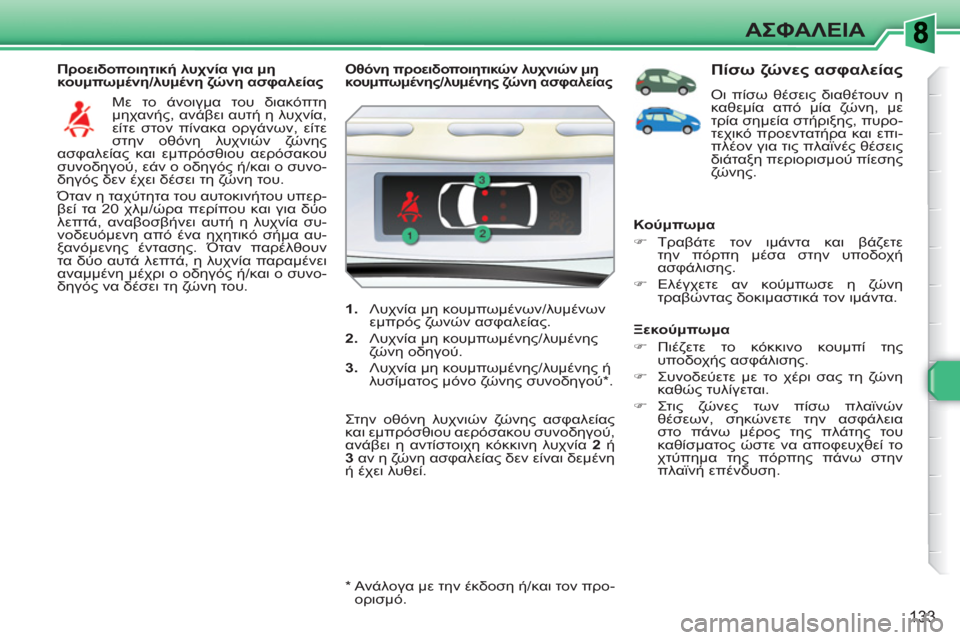 Peugeot 308 SW BL 2010.5  Εγχειρίδιο χρήσης (in Greek) 133
ΑΣΦΑΛΕΙΑ
   
Προειδοποιητική λυχνία για μη 
κουμπωμένη/λυμένη ζώνη ασφαλείας 
  Με το άνοιγμα του διακόπτη 
μ