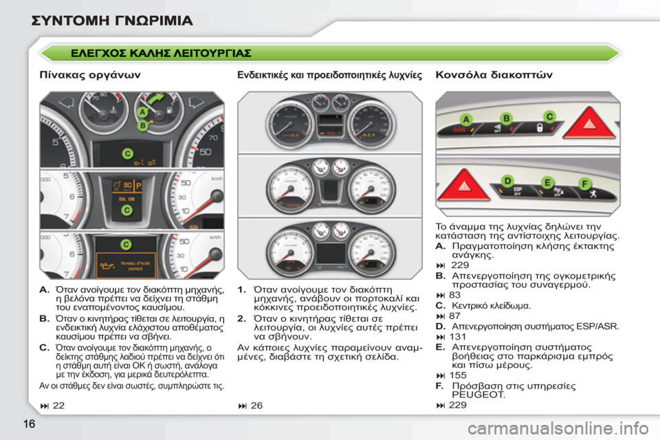 Peugeot 308 SW BL 2010.5 Εγχειρίδιο χρήσης (in Greek)
Πίνακας οργάνων
Κονσόλα διακοπτών
A.
Όταν ανοίγουμε τον διακόπτη μηχανής,
η βελόνα πρέπει να δείχνει Peugeot 308 SW BL 2010.5 Εγχειρίδιο χρήσης (in Greek)
Πίνακας οργάνων
Κονσόλα διακοπτών
A.
Όταν ανοίγουμε τον διακόπτη μηχανής,
η βελόνα πρέπει να δείχνει