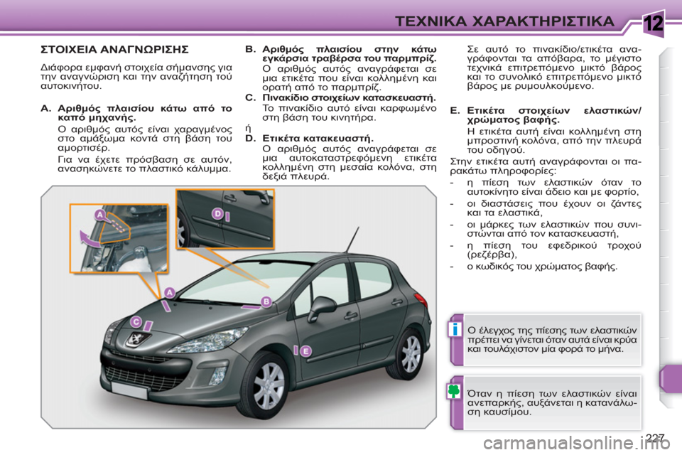 Peugeot 308 SW BL 2010.5  Εγχειρίδιο χρήσης (in Greek) 1
i
227
ΤΕΧΝΙΚΑ ΧΑΡΑΚΤΗΡΙΣΤΙΚΑ
ΣΤΟΙΧΕΙΑ ΑΝΑΓΝΩΡΙΣΗΣ
 
Διάφορα εμφανή στοιχεία σήμανσης για 
την αναγνώριση και 