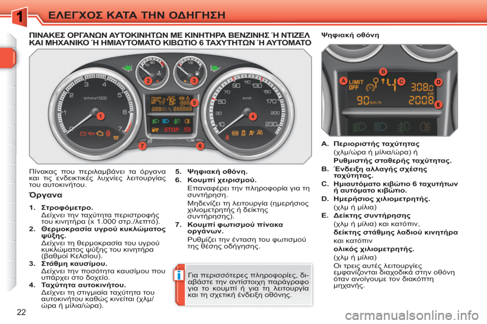 Peugeot 308 SW BL 2010.5 Εγχειρίδιο χρήσης (in Greek) i
22
ΕΛΕΓΧΟΣ ΚΑΤΑ ΤΗΝ ΟΔΗΓΗΣΗ
ΠΙΝΑΚΕΣ ΟΡΓΑΝΩΝ ΑΥΤΟΚΙΝΗΤΩΝ ΜΕ ΚΙΝΗΤΗΡΑ ΒΕΝΖΙΝΗΣ Ή ΝΤΙΖΕΛ ΚΑΙ ΜΗΧΑΝΙΚΟ Ή ΗΜΙΑΥΤΟ Peugeot 308 SW BL 2010.5 Εγχειρίδιο χρήσης (in Greek) i
22
ΕΛΕΓΧΟΣ ΚΑΤΑ ΤΗΝ ΟΔΗΓΗΣΗ
ΠΙΝΑΚΕΣ ΟΡΓΑΝΩΝ ΑΥΤΟΚΙΝΗΤΩΝ ΜΕ ΚΙΝΗΤΗΡΑ ΒΕΝΖΙΝΗΣ Ή ΝΤΙΖΕΛ ΚΑΙ ΜΗΧΑΝΙΚΟ Ή ΗΜΙΑΥΤΟ