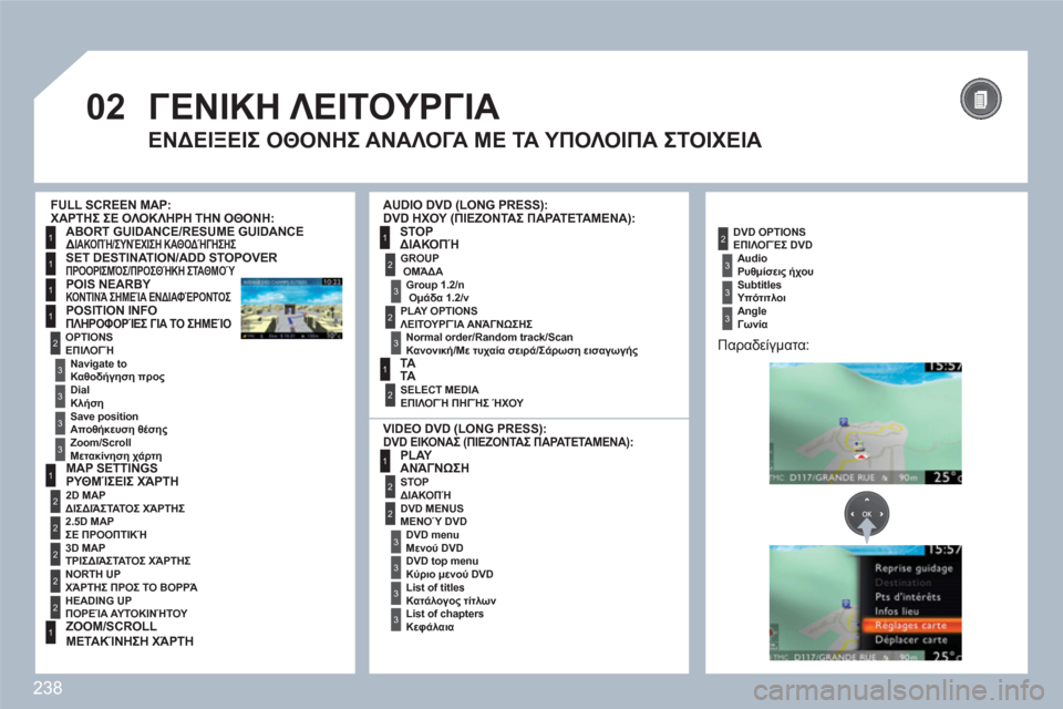 Peugeot 308 SW BL 2010.5  Εγχειρίδιο χρήσης (in Greek) 238
 
02
1
1
1
1
1
2
1
2
2
2
2
2
1
3
3
3
31
2
2
3
3
3
3
2
3
2
3
1
2
2
3
3
3
ΓΕΝΙΚΗ ΛΕΙΤΟΥΡΓΙΑ 
ΕΝΔΕΙΞΕΙΣ ΟΘΟΝΗΣ ΑΝΑΛΟΓΑ ΜΕ ΤΑ ΥΠΟΛΟΙΠΑ ΣΤΟΙΧΕΙ