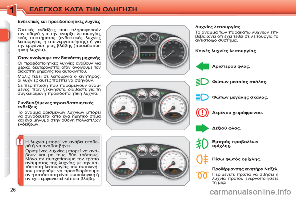 Peugeot 308 SW BL 2010.5 Εγχειρίδιο χρήσης (in Greek) !
26
ΕΛΕΓΧΟΣ ΚΑΤΑ ΤΗΝ ΟΔΗΓΗΣΗ
Η λυχνία μπορεί να ανάβει σταθε-
ρά ή να αναβοσβήνει.
Ορισμένες λυχνίες μπορεί Peugeot 308 SW BL 2010.5 Εγχειρίδιο χρήσης (in Greek) !
26
ΕΛΕΓΧΟΣ ΚΑΤΑ ΤΗΝ ΟΔΗΓΗΣΗ
Η λυχνία μπορεί να ανάβει σταθε-
ρά ή να αναβοσβήνει.
Ορισμένες λυχνίες μπορεί