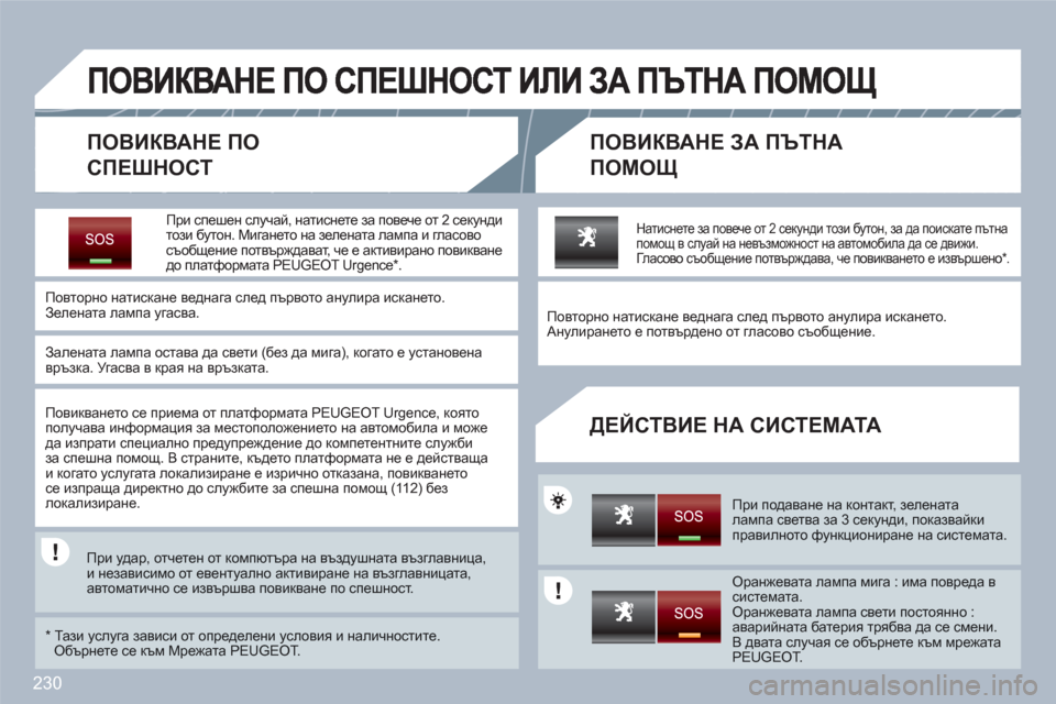 Peugeot 308 SW BL 2010.5 Ръководство за експлоатация (in Bulgarian) 230
ПОВИКВАНЕ ПО
СПЕШНОСТ
ПОВИКВАНЕ ЗА ПЪТНА
ПОМОЩ
ДЕЙСТВИЕ НА СИСТЕМАТА
При спешен случай, натиснете за Peugeot 308 SW BL 2010.5 Ръководство за експлоатация (in Bulgarian) 230
ПОВИКВАНЕ ПО
СПЕШНОСТ
ПОВИКВАНЕ ЗА ПЪТНА
ПОМОЩ
ДЕЙСТВИЕ НА СИСТЕМАТА
При спешен случай, натиснете за