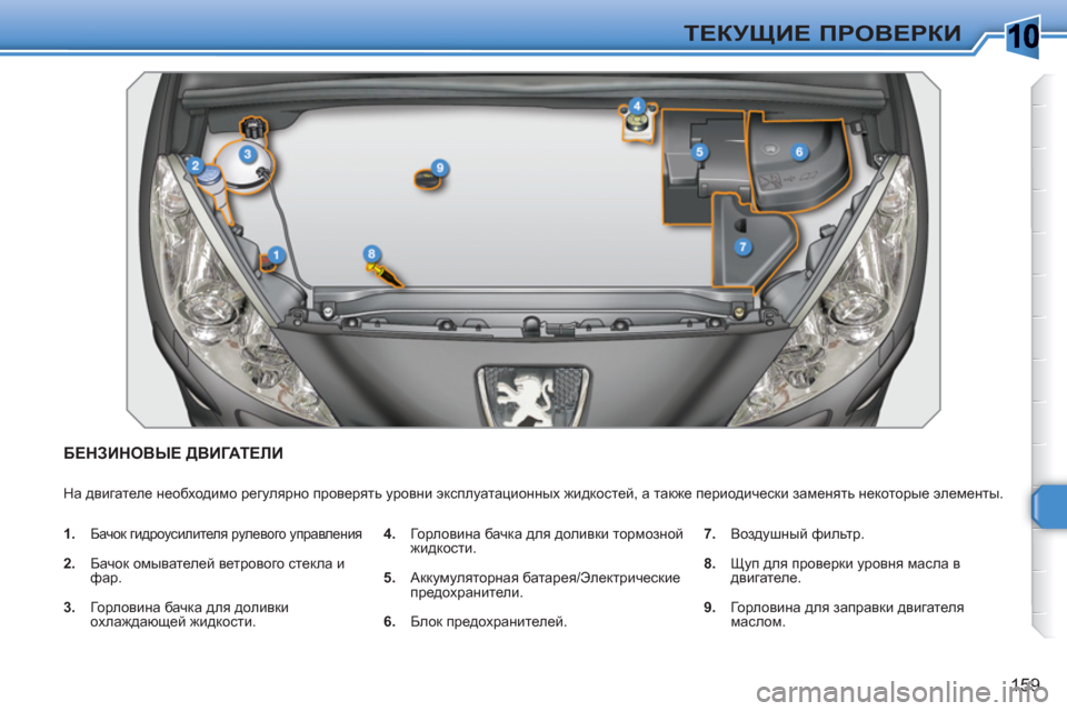 Peugeot 308 SW BL 2010.5  Инструкция по эксплуатации (in Russian) 10
159
ТЕКУЩИЕ ПРОВЕРКИ
БЕНЗИНОВЫЕ ДВИГАТЕЛИ 
 
На двигателе необходимо регулярно проверять уровни эксплуатаци