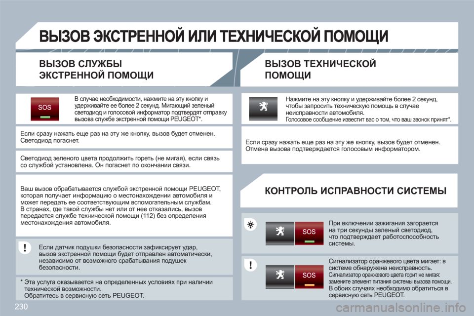Peugeot 308 SW BL 2010.5 Инструкция по эксплуатации (in Russian) 230
ВЫЗОВ СЛУЖБЫ
ЭКСТРЕННОЙ ПОМОЩИ
ВЫЗОВ ТЕХНИЧЕСКОЙ
ПОМОЩИ
КОНТРОЛЬ ИСПРАВНОСТИ СИСТЕМЫ
В случае необхо Peugeot 308 SW BL 2010.5 Инструкция по эксплуатации (in Russian) 230
ВЫЗОВ СЛУЖБЫ
ЭКСТРЕННОЙ ПОМОЩИ
ВЫЗОВ ТЕХНИЧЕСКОЙ
ПОМОЩИ
КОНТРОЛЬ ИСПРАВНОСТИ СИСТЕМЫ
В случае необхо