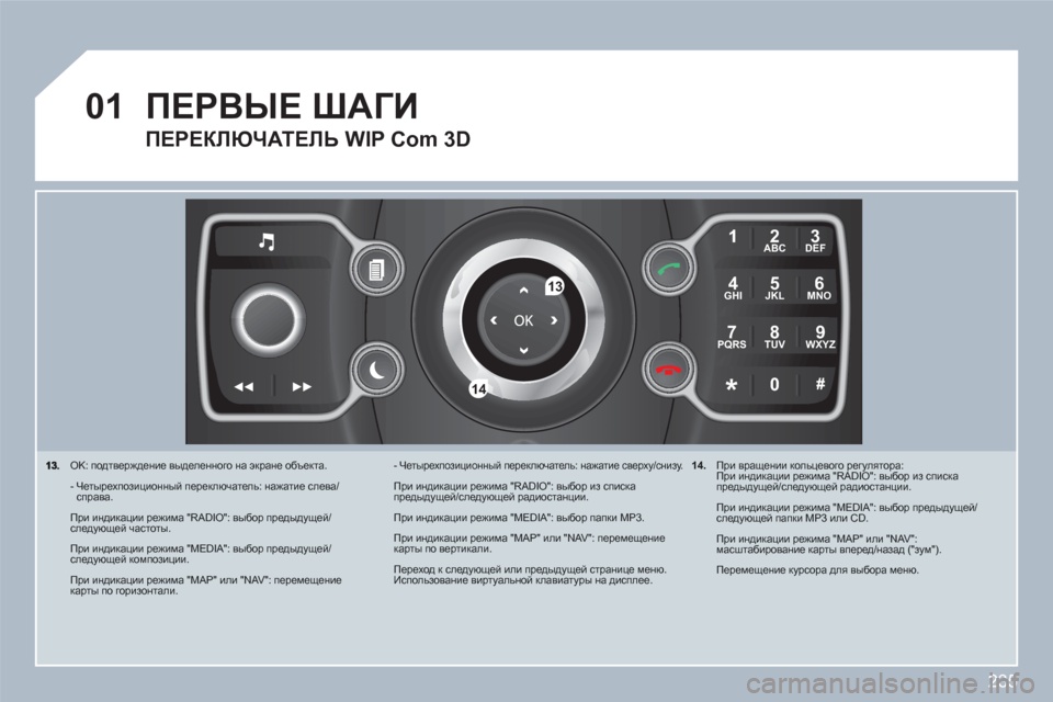 Peugeot 308 SW BL 2010.5 Инструкция по эксплуатации (in Russian) 235
01
2ABC3DEF
5JKL4GHI6MNO
8TUV7PQRS9WXYZ
0*#
1
13
14
OK: подтверждение выделенного на экране объекта.
- Четырехпозиционный переклю Peugeot 308 SW BL 2010.5 Инструкция по эксплуатации (in Russian) 235
01
2ABC3DEF
5JKL4GHI6MNO
8TUV7PQRS9WXYZ
0*#
1
13
14
OK: подтверждение выделенного на экране объекта.
- Четырехпозиционный переклю