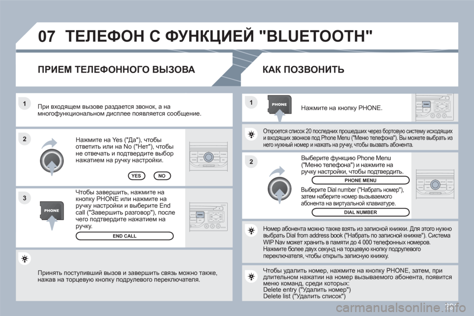 Peugeot 308 SW BL 2010.5 Инструкция по эксплуатации (in Russian) 291
07
2 1
1
3 2
Принять поступивший вызов и завершить связь можно также,нажав на торцевую кнопку подрулевого пере Peugeot 308 SW BL 2010.5 Инструкция по эксплуатации (in Russian) 291
07
2 1
1
3 2
Принять поступивший вызов и завершить связь можно также,нажав на торцевую кнопку подрулевого пере