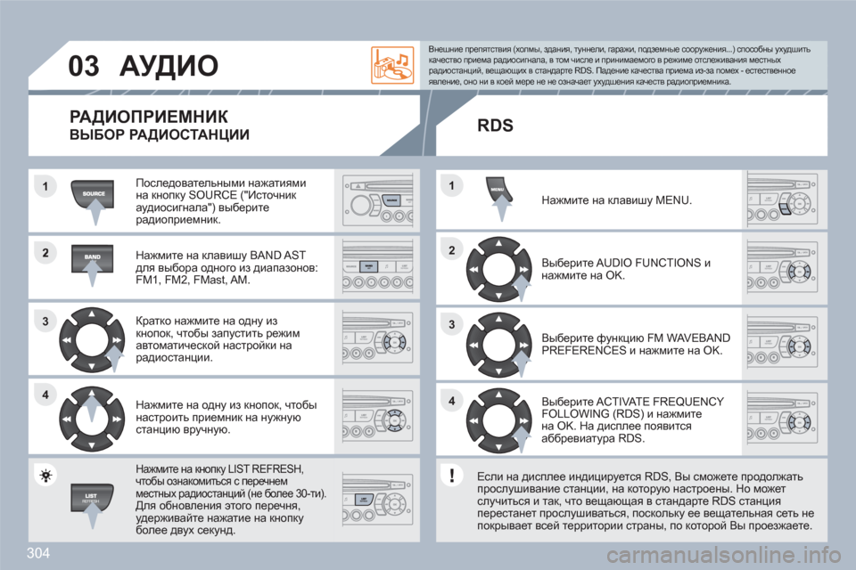 Peugeot 308 SW BL 2010.5 Инструкция по эксплуатации (in Russian) 304
2
33
44
1
22
44
33
11
03АУДИО
Последовательными нажатиями на кнопку SOURCE ("Источник аудиосигнала") выберитерадиоприе Peugeot 308 SW BL 2010.5 Инструкция по эксплуатации (in Russian) 304
2
33
44
1
22
44
33
11
03АУДИО
Последовательными нажатиями на кнопку SOURCE ("Источник аудиосигнала") выберитерадиоприе