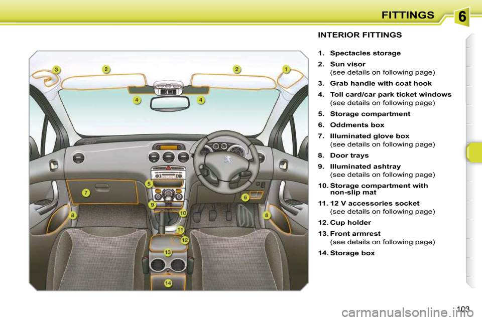 Peugeot 308 SW BL 2009.5  Owners Manual 103
FITTINGS
               INTERIOR FITTINGS 
   
1.     Spectacles storage   
  
2.     Sun visor    
  (see details on following page)  
  
3.     Grab handle with coat hook   
  
4.     Toll card/