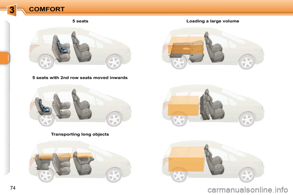 Peugeot 308 SW BL 2009.5  Owners Manual 74
COMFORT  5 seats  
� � �5� �s�e�a�t�s� �w�i�t�h� �2�n�d� �r�o�w� �s�e�a�t�s� �m�o�v�e�d� �i�n�w�a�r�d�s� � 
� � �T�r�a�n�s�p�o�r�t�i�n�g� �l�o�n�g� �o�b�j�e�c�t�s� �  � � �L�o�a�d�i�n�g� �a� �l�a�r