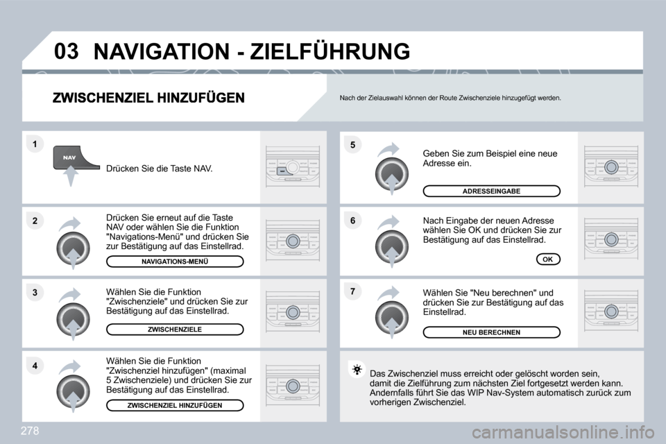 Peugeot 308 SW BL 2009.5  Betriebsanleitung (in German) 278
�7
�6
�5
�4
�3
�2
�1
�0�3
 Geben Sie zum Beispiel eine neue Adresse ein. 
 Nach Eingabe der neuen Adresse wählen Sie OK und drücken Sie zur Bestätigung auf das Einstellrad. 
 Wählen Sie "Neu b