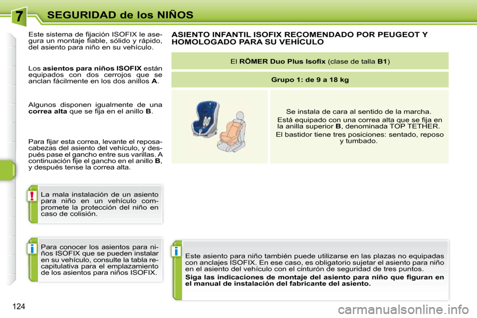Peugeot 308 SW BL 2009.5 Manual del propietario (in Spanish) i
!
i
124
SEGURIDAD de los NIÑOS Este asiento para niño también puede utilizarse en las plaza s no equipadas
con anclajes ISOFIX. En ese caso, es obligatorio sujetar el asien to para niño
en el Peugeot 308 SW BL 2009.5 Manual del propietario (in Spanish) i
!
i
124
SEGURIDAD de los NIÑOS Este asiento para niño también puede utilizarse en las plaza s no equipadas
con anclajes ISOFIX. En ese caso, es obligatorio sujetar el asien to para niño
en el