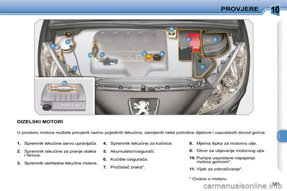 Peugeot 308 SW BL 2009.5  Vodič za korisnike (in Croatian) 10
161
PROVJERE
           DIZELSKI MOTORI 
� �U� �p�r�o�s�t�o�r�u� �m�o�t�o�r�a� �m�o�ž�e�t�e� �p�r�o�v�j�e�r�i�t�i� �r�a�z�i�n�u� �p�o�j�e�d�i�n�i�h� �t�e�k�u�ć�i�n�a�,� �z�a�m�i�j�e�n�i�t�i� �n�e
