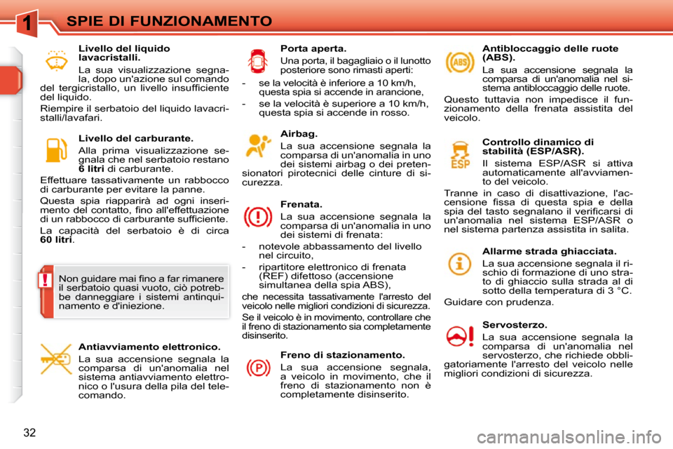 Peugeot 308 SW BL 2009.5  Manuale del proprietario (in Italian) !
32
SPIE DI FUNZIONAMENTO  Airbag . 
 La  sua  accensione  segnala  la  
comparsa di unanomalia in uno 
dei sistemi airbag o dei preten-
sionatori  pirotecnici  delle  cinture  di  si-
curezza.  
  