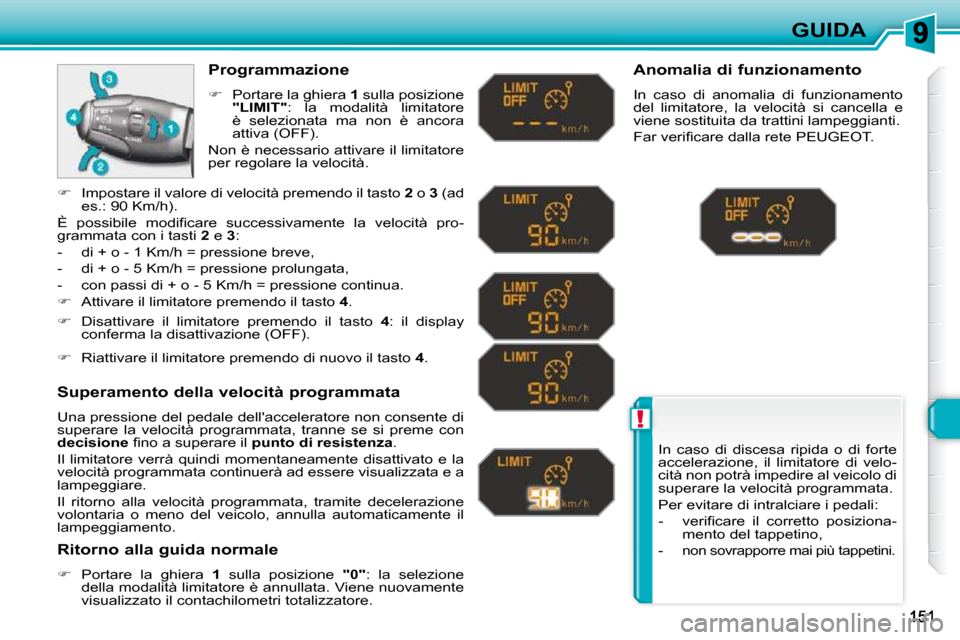 Peugeot 308 SW BL 2009.5 Manuale del proprietario (in Italian) !
GUIDA
In caso di discesa ripida o di forte
accelerazione, il limitatore di velo-
cità non potrà impedire al veicolo di
superare la velocità programmata.
Per evitare di intralcia Peugeot 308 SW BL 2009.5 Manuale del proprietario (in Italian) !
GUIDA
In caso di discesa ripida o di forte
accelerazione, il limitatore di velo-
cità non potrà impedire al veicolo di
superare la velocità programmata.
Per evitare di intralcia