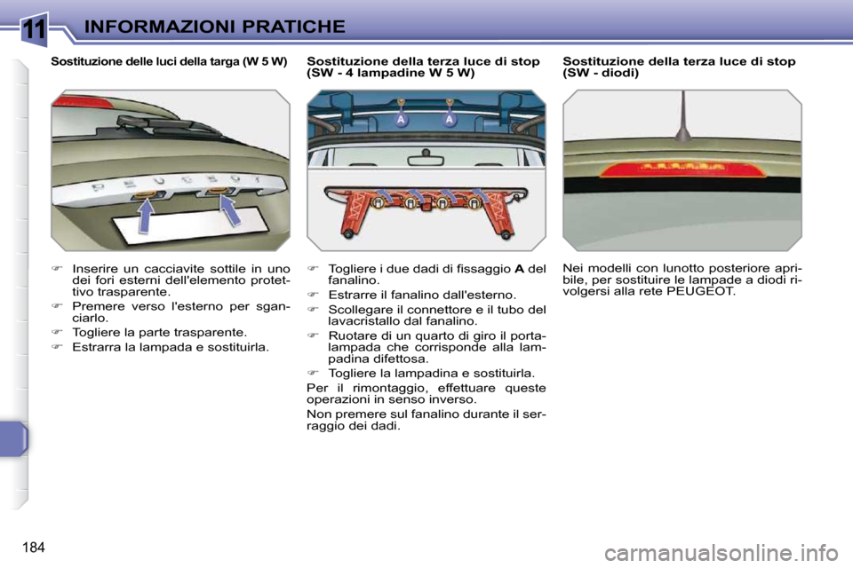 Peugeot 308 SW BL 2009.5  Manuale del proprietario (in Italian) 11
184
INFORMAZIONI PRATICHE
  Sostituzione delle luci della targa (W 5 W) 
   
�    Inserire  un  cacciavite  sottile  in  uno 
dei  fori  esterni  dellelemento  protet- 
tivo trasparente. 
  
�