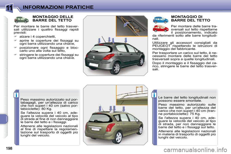 Peugeot 308 SW BL 2009.5 Manuale del proprietario (in Italian) 11
ii
INFORMAZIONI PRATICHE
MONTAGGIO DELLE BARRE DEL TETTO
Peso massimo autorizzato sul por-
tabagagli, per unaltezza di carico
che non superi i 40 cm (salvo por-
tabiciclette): 80 Kg Peugeot 308 SW BL 2009.5 Manuale del proprietario (in Italian) 11
ii
INFORMAZIONI PRATICHE
MONTAGGIO DELLE BARRE DEL TETTO
Peso massimo autorizzato sul por-
tabagagli, per unaltezza di carico
che non superi i 40 cm (salvo por-
tabiciclette): 80 Kg
