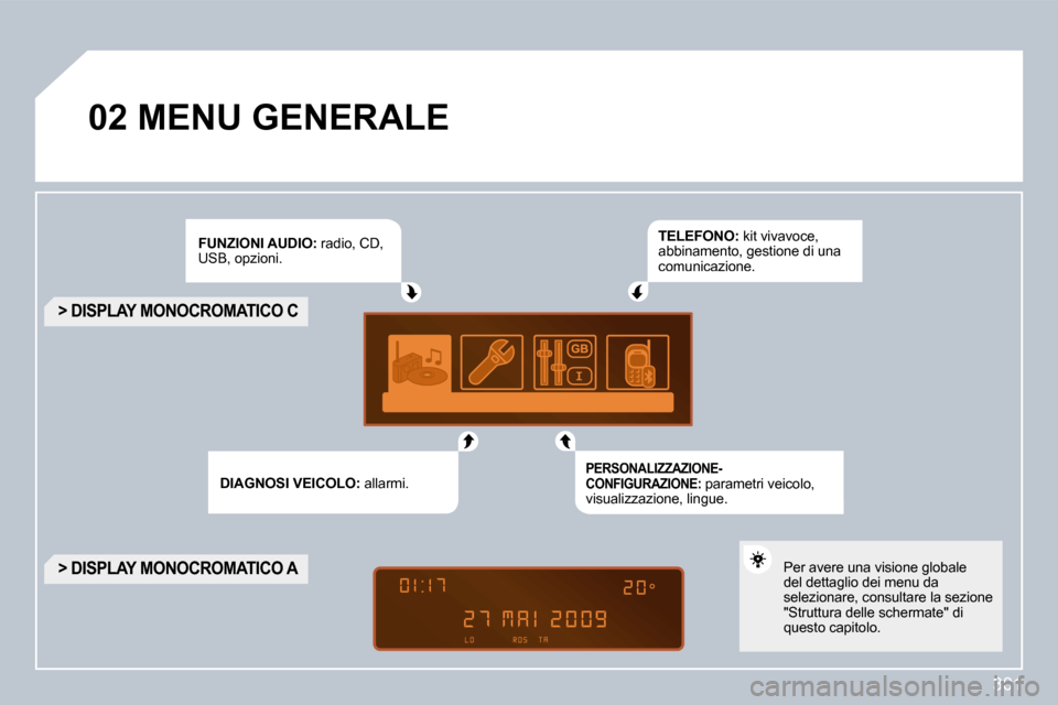 Peugeot 308 SW BL 2009.5  Manuale del proprietario (in Italian) 301
�0�2� �M�E�N�U� �G�E�N�E�R�A�L�E� 
�F�U�N�Z�I�O�N�I� �A�U�D�I�O�:�  radio, CD, USB, opzioni. 
�D�I�A�G�N�O�S�I� �V�E�I�C�O�L�O�:�  allarmi.  
�T�E�L�E�F�O�N�O�:�  kit vivavoce, abbinamento, gestio