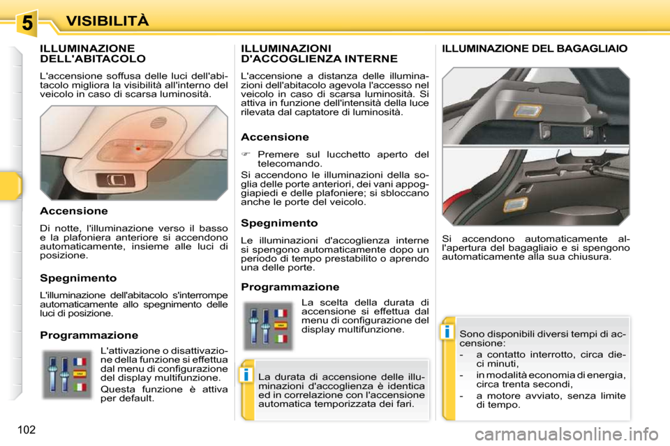 Peugeot 308 SW BL 2009.5 Manuale del proprietario (in Italian) i
i
102
VISIBILITÀ
ILLUMINAZIONE DELLABITACOLO
Laccensione soffusa delle luci dellabi-
tacolo migliora la visibilità allinterno del
veicolo in caso di scarsa luminosità. Sono di Peugeot 308 SW BL 2009.5 Manuale del proprietario (in Italian) i
i
102
VISIBILITÀ
ILLUMINAZIONE DELLABITACOLO
Laccensione soffusa delle luci dellabi-
tacolo migliora la visibilità allinterno del
veicolo in caso di scarsa luminosità. Sono di