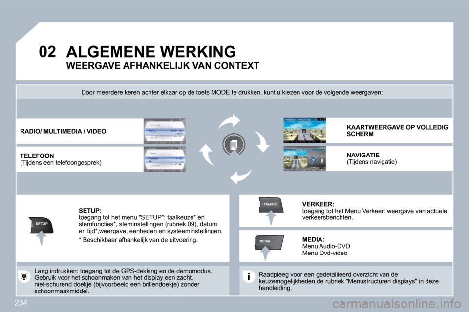 Peugeot 308 SW BL 2009.5  Handleiding (in Dutch) 234
�0�2
SETUP
MEDIA
TRAFFIC
 ALGEMENE WERKING 
  Raadpleeg voor een gedetailleerd overzicht van de �k�e�u�z�e�m�o�g�e�l�i�j�k�h�e�d�e�n� �d�e� �r�u�b�r�i�e�k� �"�M�e�n�u�s�t�r�u�c�t�u�r�e�n� �d�i�s�p