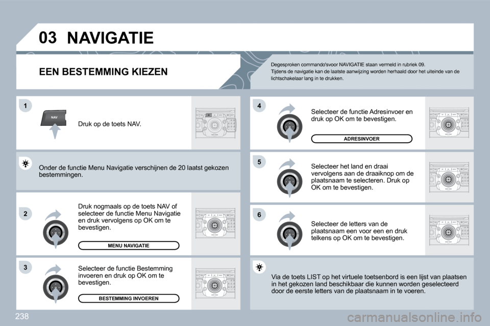 Peugeot 308 SW BL 2009.5  Handleiding (in Dutch) 238
NAV
�0�3
�1
�2
3
�6
�5
�4
 NAVIGATIE 
            EEN BESTEMMING KIEZEN 
  Druk nogmaals op de toets NAV of �s�e�l�e�c�t�e�e�r� �d�e� �f�u�n�c�t�i�e� �M�e�n�u� �N�a�v�i�g�a�t�i�e� en druk vervolge