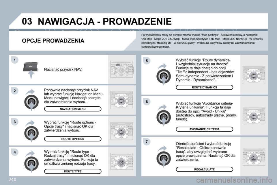 Peugeot 308 SW BL 2009.5  Instrukcja Obsługi (in Polish) 240
NAV
�0�3
5
�6
7
1
�2
�3
�4
� �N�A�W�I�G�A�C�J�A� �-� �P�R�O�W�A�D�Z�E�N�I�E� 
� � �O�P�C�J�E� �P�R�O�W�A�D�Z�E�N�I�A� 
� � �W�y�b�r�a�ć� �f�u�n�k�c�j
� �"�R�o�u�t�e� �d�y�n�a�m�i�c�s�-� � �U�w�z