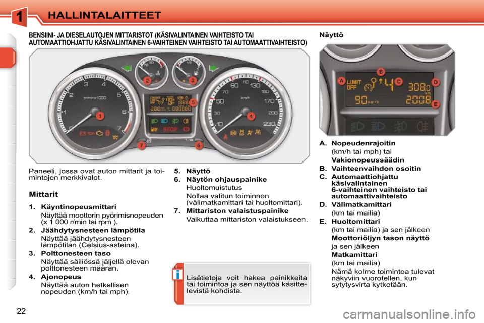 Peugeot 308 SW BL 2009.5 Omistajan käsikirja (in Finnish) i
22
HALLINTALAITTEET
BENSIINI- JA DIESELAUTOJEN MITTARISTOT (KÄSIVALINTAINEN VAIHTEISTO TAI AUTOMAATTIOHJATTU KÄSIVALINTAINEN 6-VAIHTEINEN VAIH TEISTO TAI AUTOMAATTIVAIHTEISTO) BENSIINI- JA DIESELA Peugeot 308 SW BL 2009.5 Omistajan käsikirja (in Finnish) i
22
HALLINTALAITTEET
BENSIINI- JA DIESELAUTOJEN MITTARISTOT (KÄSIVALINTAINEN VAIHTEISTO TAI AUTOMAATTIOHJATTU KÄSIVALINTAINEN 6-VAIHTEINEN VAIH TEISTO TAI AUTOMAATTIVAIHTEISTO) BENSIINI- JA DIESELA